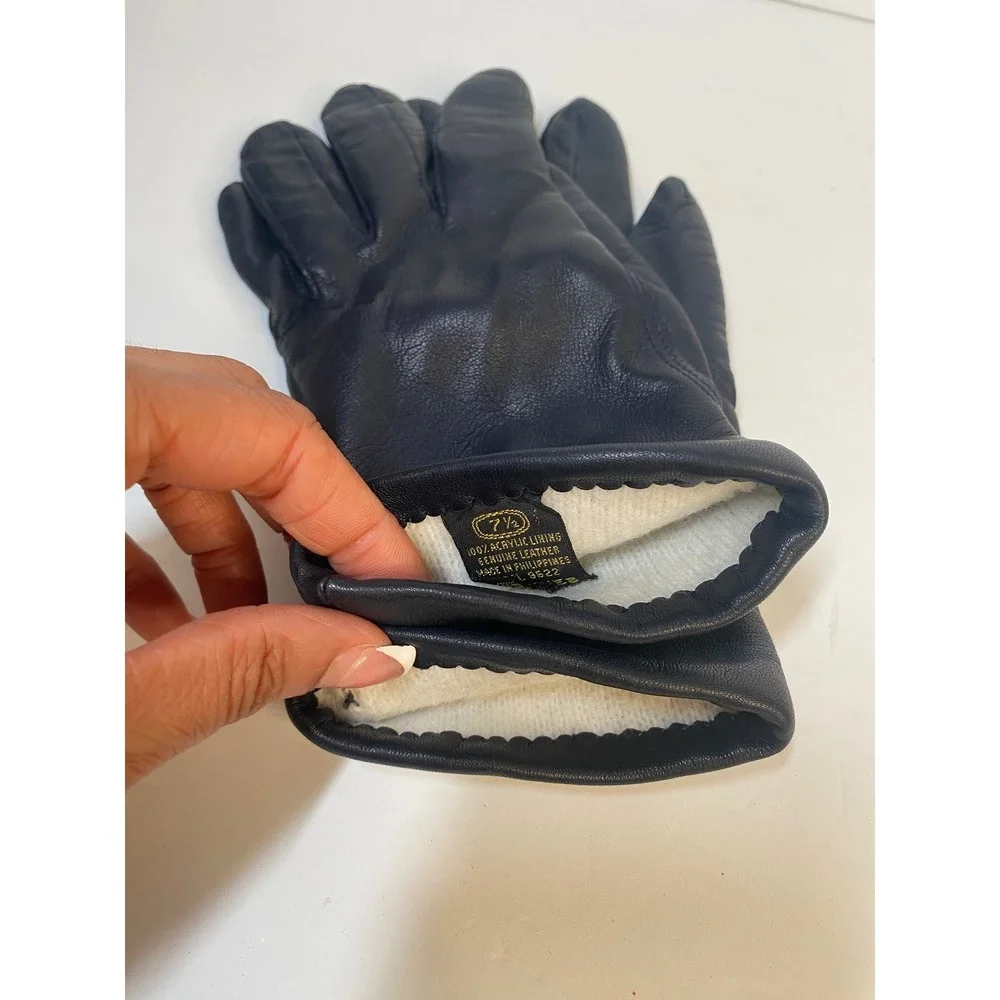 Fownes Leather Gloves Womens‎ 7.5 Navy Blue Fleece Lined Classic Winter Warm